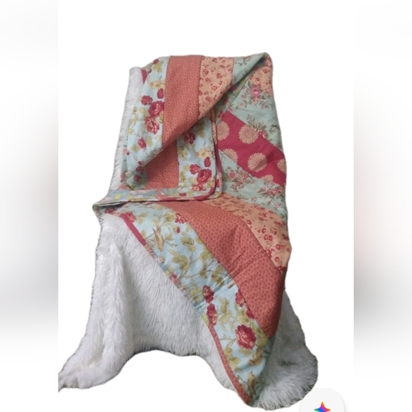 VTG Floral Bird Print Quilt Blanket Squares Pink Blue Handmade Throw 56" x 56" - Picture 1 of 5